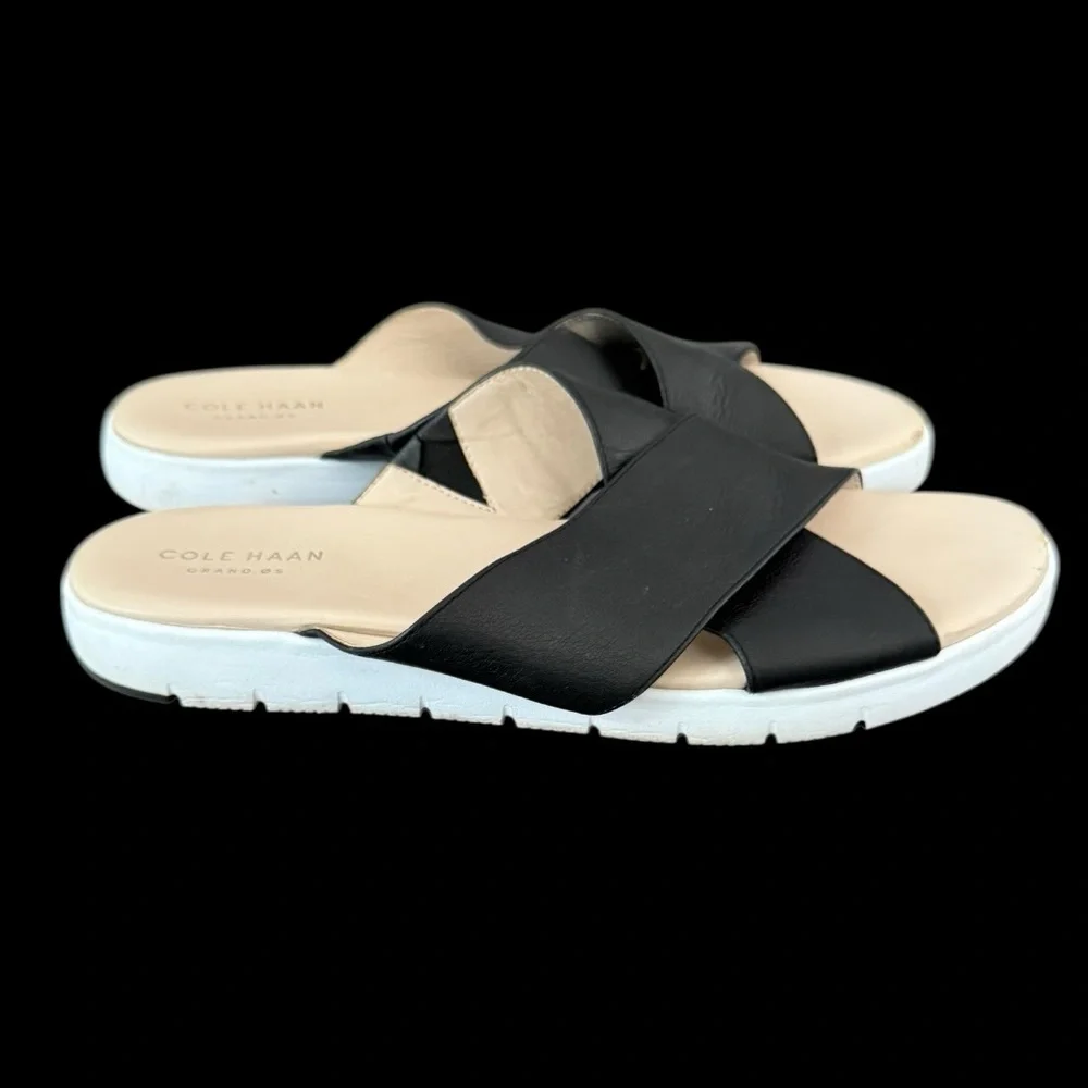 Cole Haan Women's Grand.OS Criss Cross Black Leather Slide Sandals 8.5